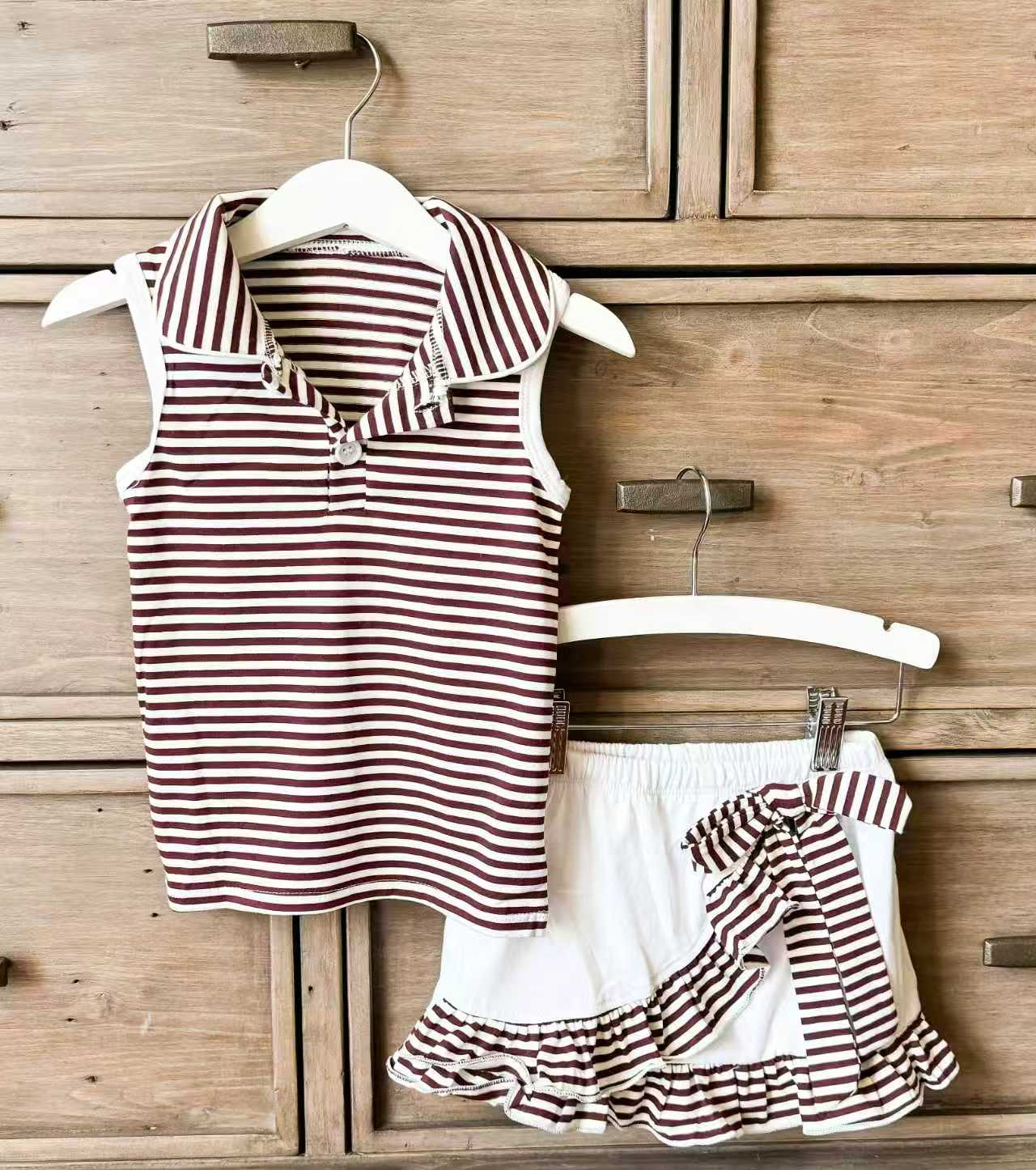 Baby Girls Dark Red Stripe Button Collar Top Ruffle Skirt Shorts Yoga Active Clothes Sets Preorder