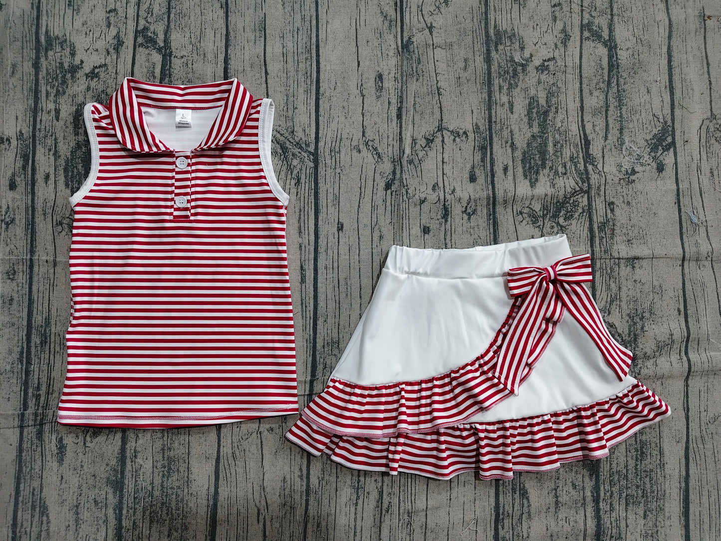 Baby Girls Dark Red Stripe Button Collar Top Ruffle Skirt Shorts Yoga Active Clothes Sets Preorder