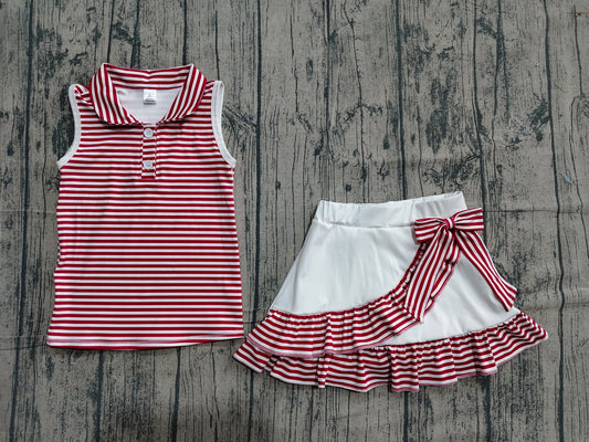 Baby Girls Dark Red Stripe Button Collar Top Ruffle Skirt Shorts Yoga Active Clothes Sets Preorder