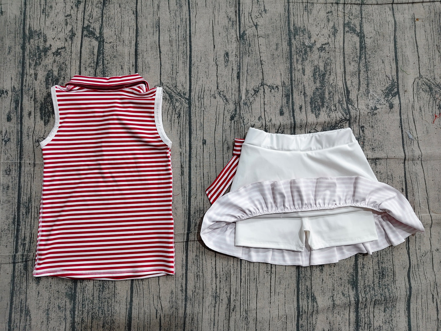Baby Girls Dark Red Stripe Button Collar Top Ruffle Skirt Shorts Yoga Active Clothes Sets Preorder
