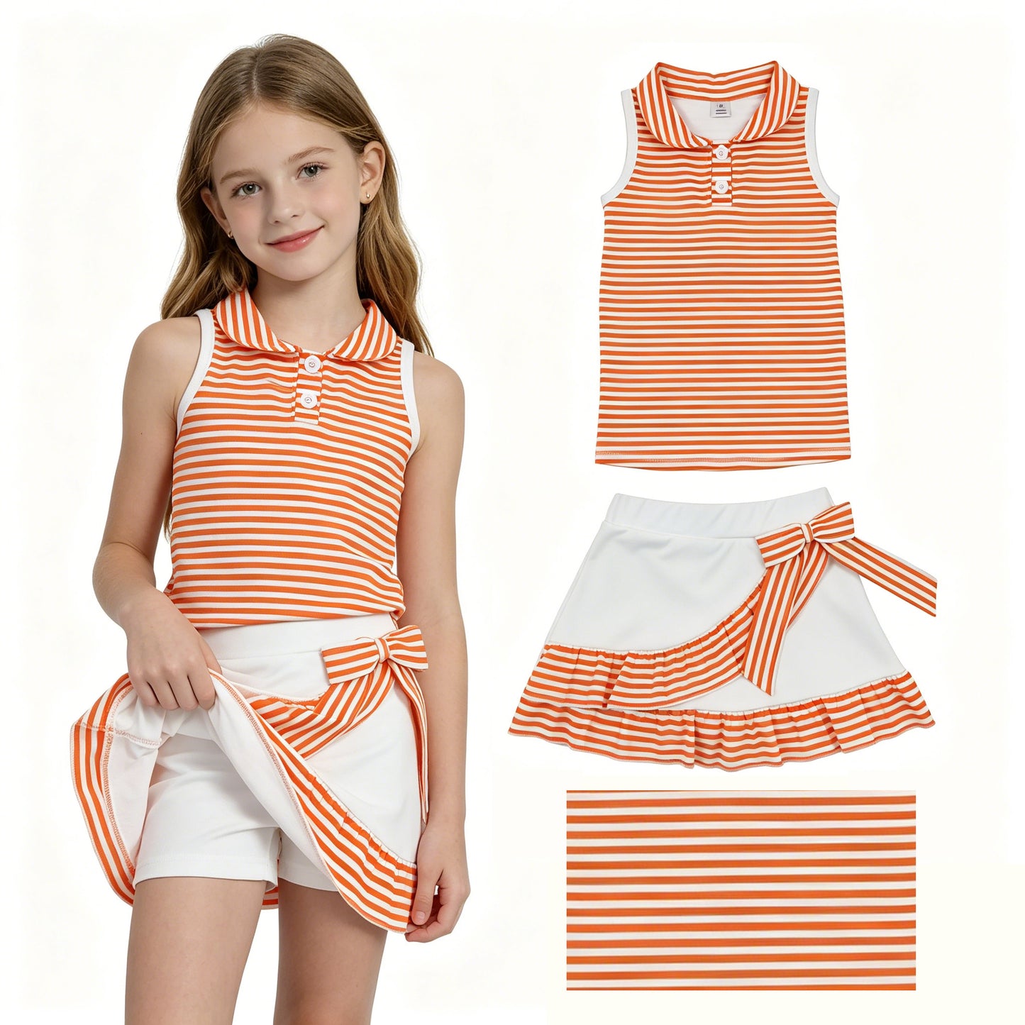 Baby Girls Orange Stripe Button Vest Ruffle Skirt Shorts Yoga Active Clothes Sets