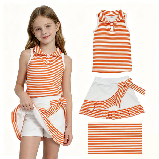 Baby Girls Orange Stripe Button Vest Ruffle Skirt Shorts Yoga Active Clothes Sets