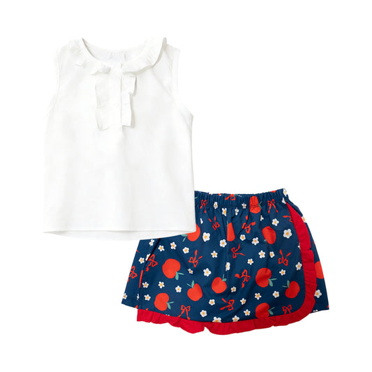 Baby Girls Button Collar Top Flowers Apples Ruffle Skirt Shorts Clothes Set Preorder