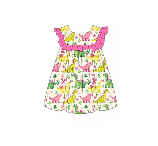 Baby Girls Sleeveless Colorful Dinosaurs Flowers Knee Length Dresses Preorder