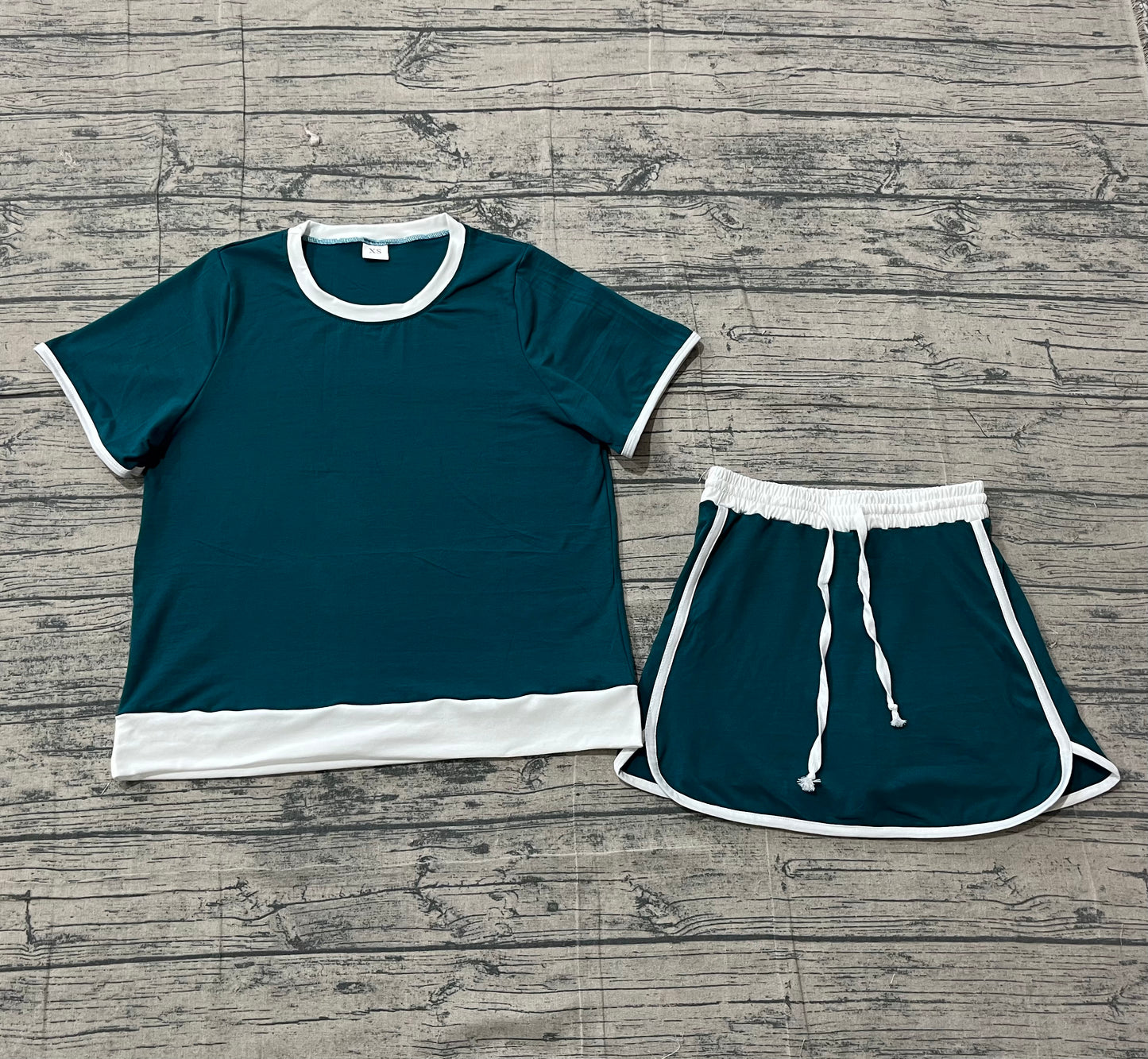 Adult Women Dark Green Short Sleeve Top Skirt Shorts Cotton Clothes Set
