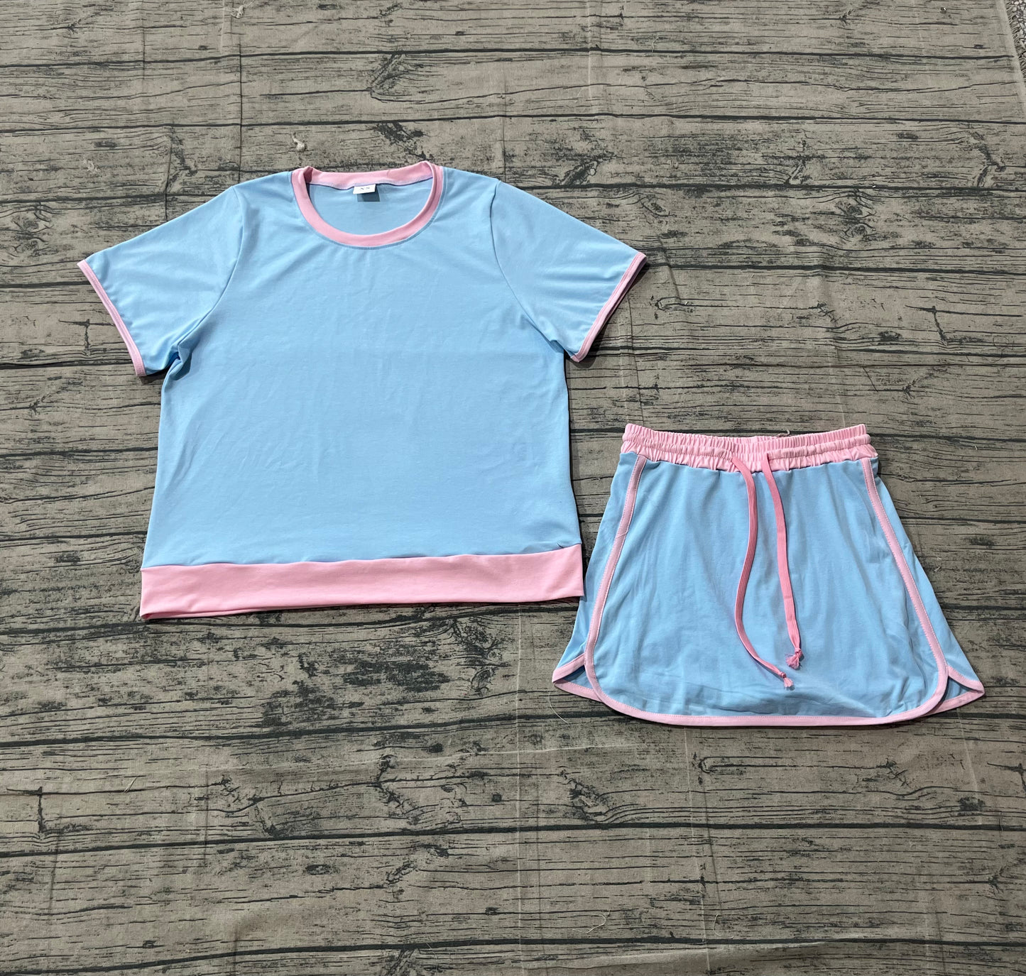 Adult Women Blue Short Sleeve Top Skirt Shorts Cotton Clothes Set