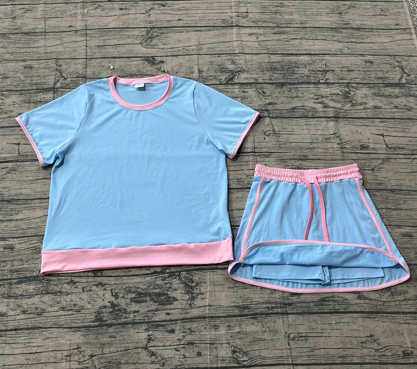 Adult Women Blue Short Sleeve Top Skirt Shorts Cotton Clothes Set