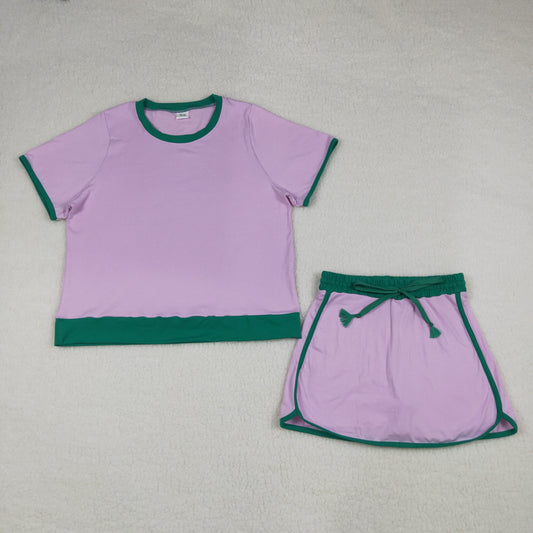 Adult Women Pink Short Sleeve Top Skirt Shorts Cotton Clothes Set