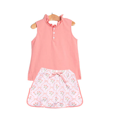 Baby Girls Peach Button Top Bows Flowers Checked Skirt Shorts Clothes Sets Preorder