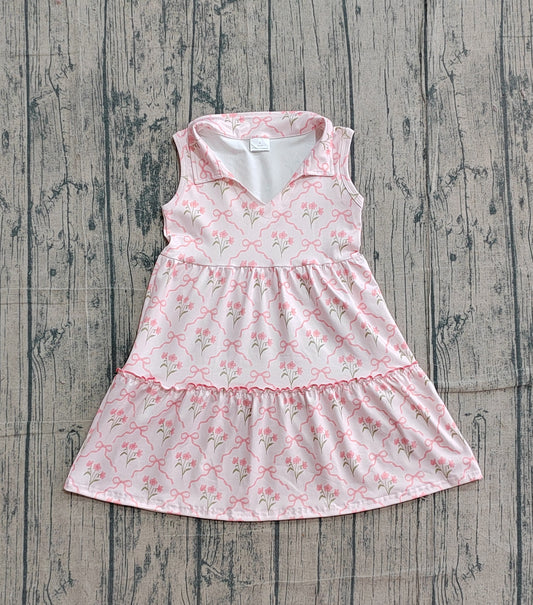 Baby Girls Sleeveless Pink Bow Flowers Checked Patchwork Knee Length Dress