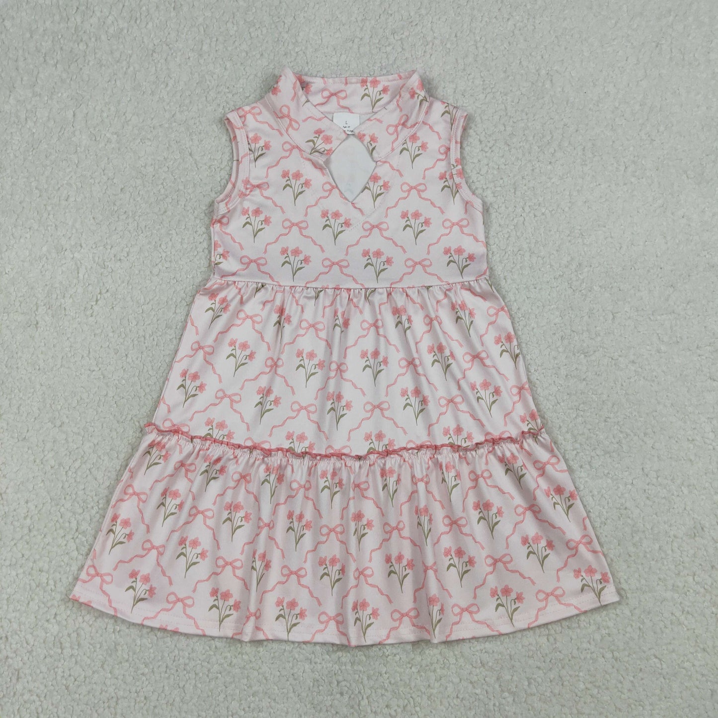 Baby Girls Sleeveless Pink Bow Flowers Checked Patchwork Knee Length Dress