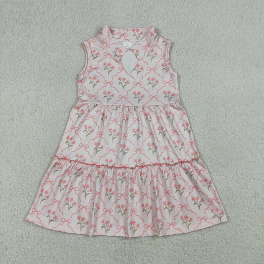 Baby Girls Sleeveless Pink Bow Flowers Checked Patchwork Knee Length Dress