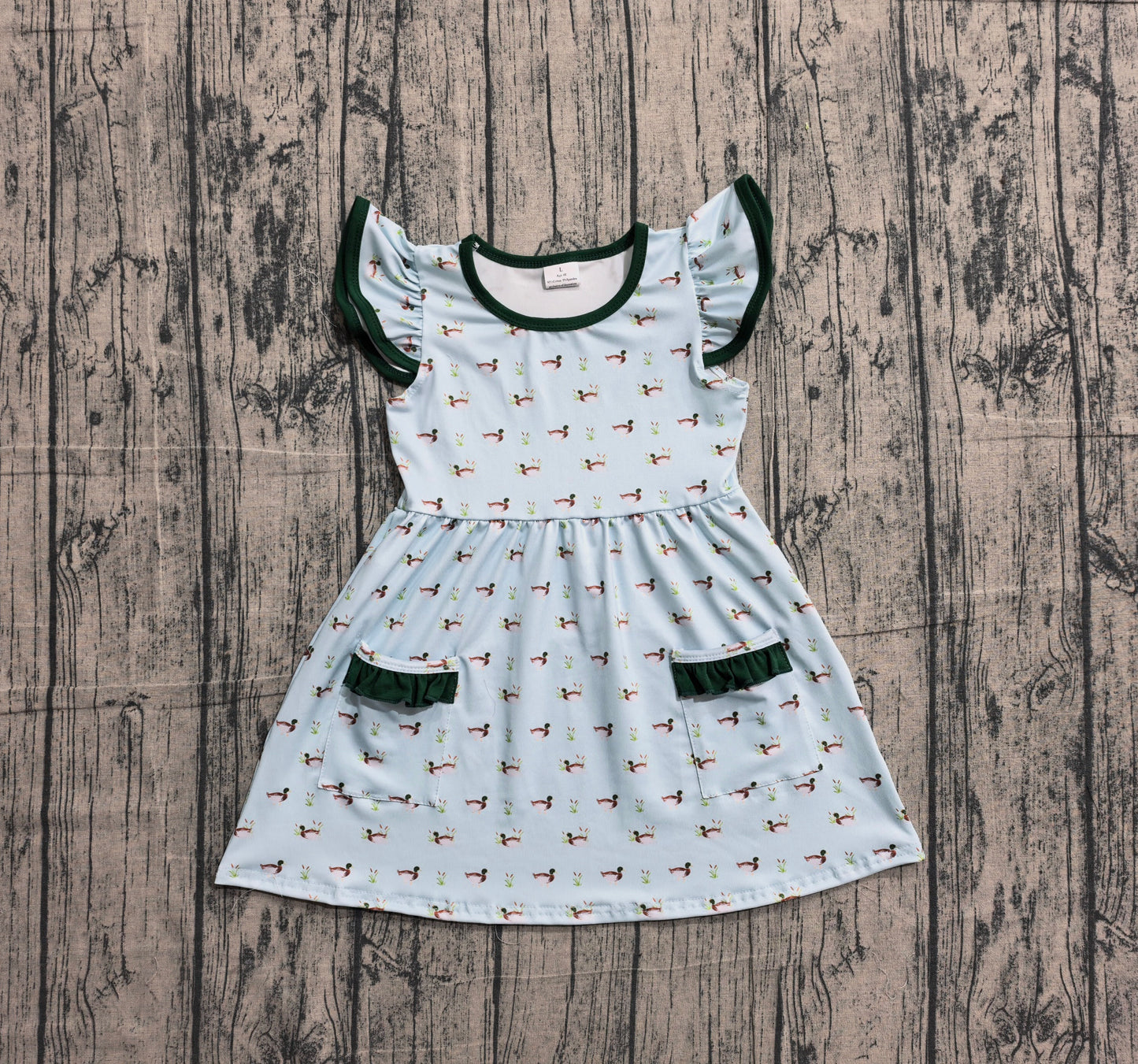 Baby Girls Flutter Sleeve Ducks Pockets Hunting Knee Length Dresses