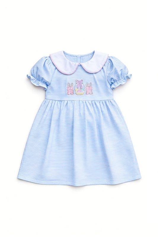 Baby Girls Blue Stripe Rabbits Eggs Easter Collar Knee Length Dress Preorder