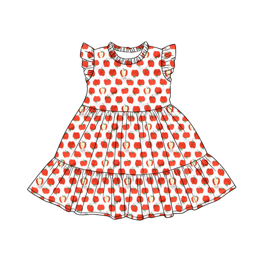 Baby Girls Flutter Sleeve Apples Plaid Patchwork Knee Length Dress Preorder