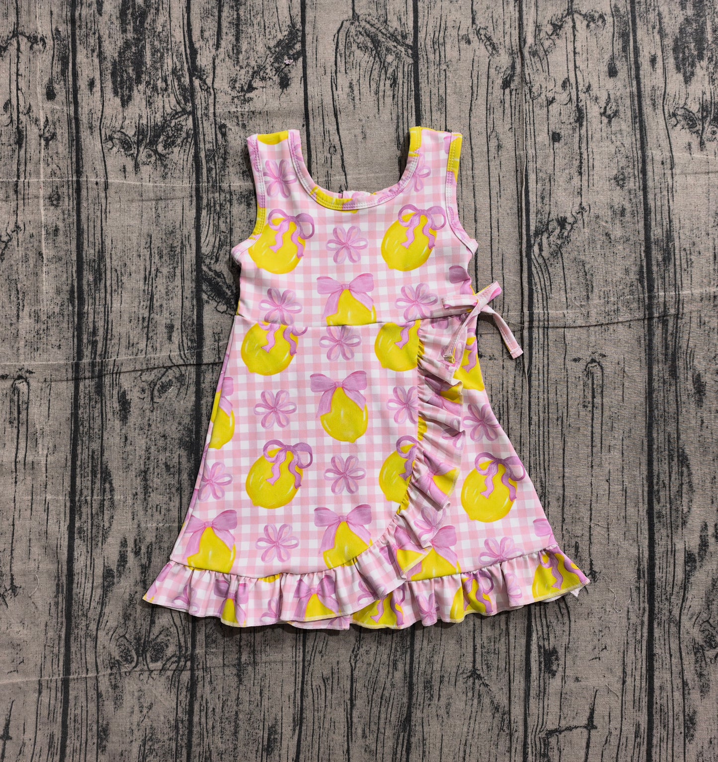 Baby Girls Pink Checked Bows Lemons Yoga Active Scallop Shorts Knee Length Dress Preorder