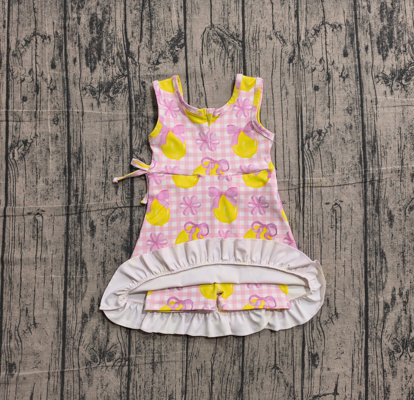 Baby Girls Pink Checked Bows Lemons Yoga Active Scallop Shorts Knee Length Dress Preorder