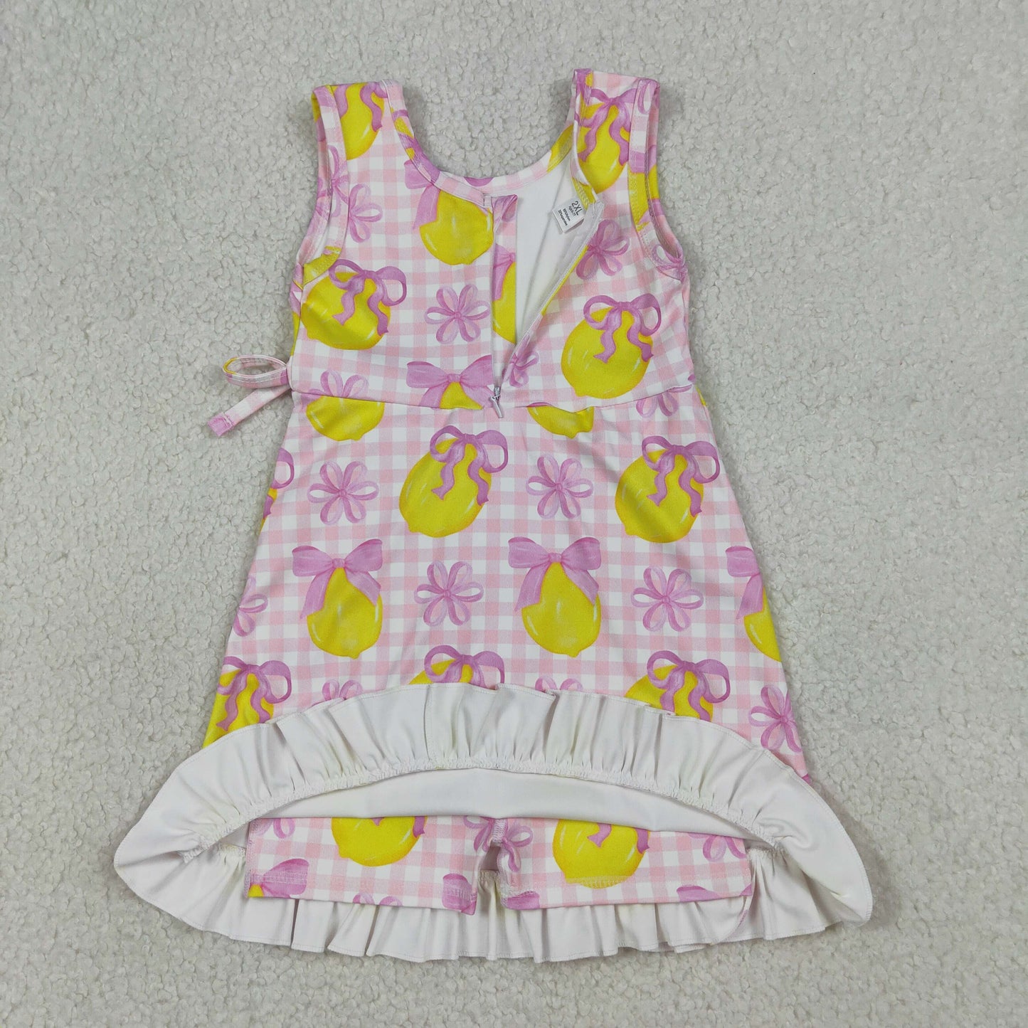 Baby Girls Pink Checked Bows Lemons Yoga Active Shorts Ruffle Knee Length Dress