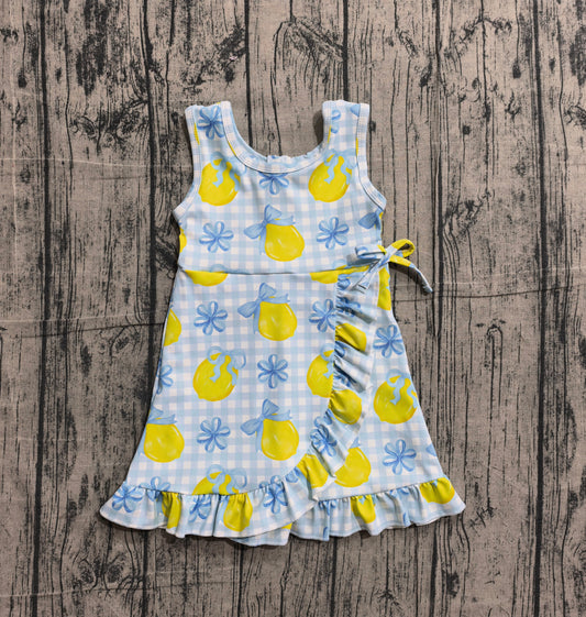 Baby Girls Blue Checked Bows Lemons Yoga Active Scallop Shorts Knee Length Dress Preorder