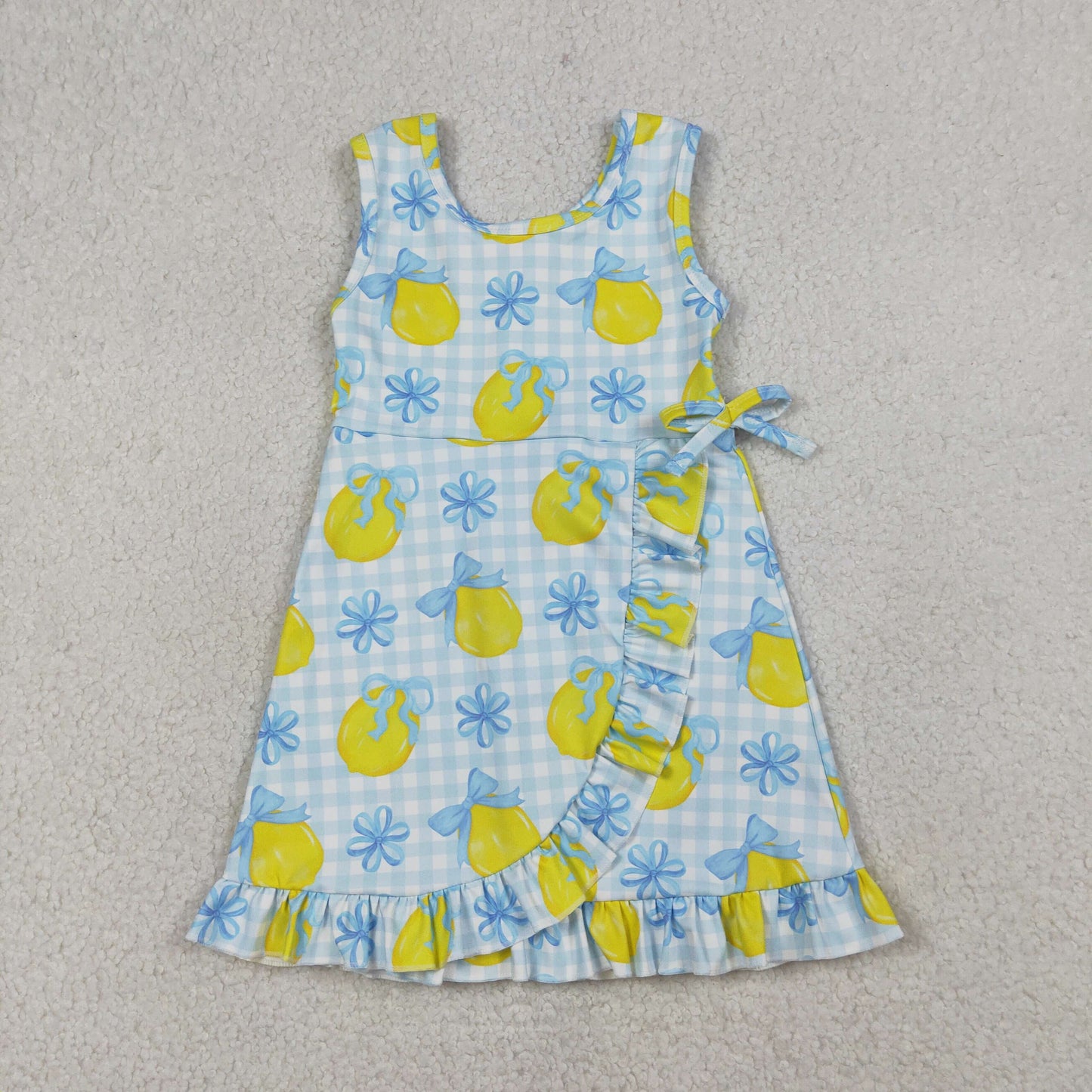 Sibling Baby Girls Pink Blue Checked Bows Lemons Yoga Active Shorts Knee Length Dress