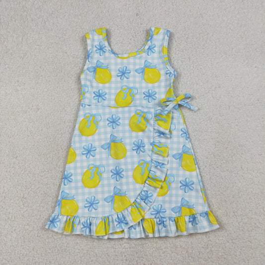 Baby Girls Blue Checked Bow Lemons Back Zip Yoga Active Shorts Ruffle Knee Length Dress