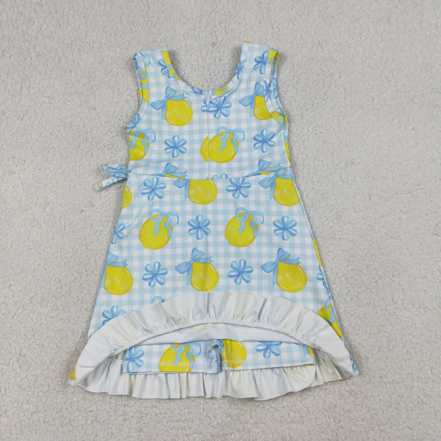 Sibling Baby Girls Pink Blue Checked Bows Lemons Yoga Active Shorts Knee Length Dress