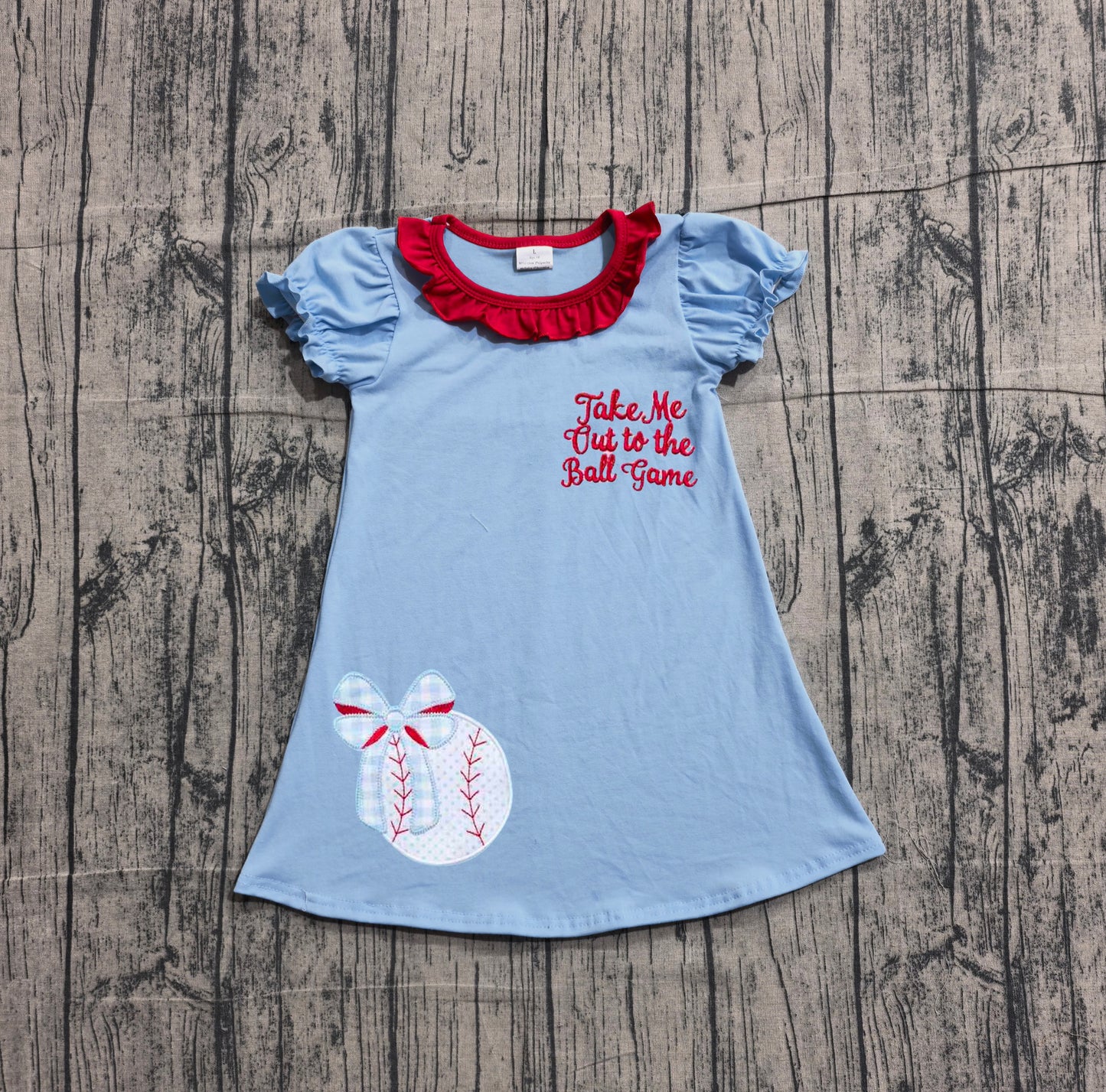 Embroidery Baby Girls Baseballs Bows Team Collar Knee Length Dresses Preorder