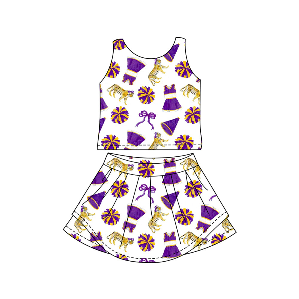 Baby Girls Purple Bows Tigers Vest Top Skirt Short Yoga Active Clothes Sets Preorder
