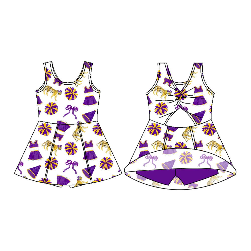 Baby Girls Purple Bows Tigers Team Shorts Yoga Active Knee Length Dress Preorder