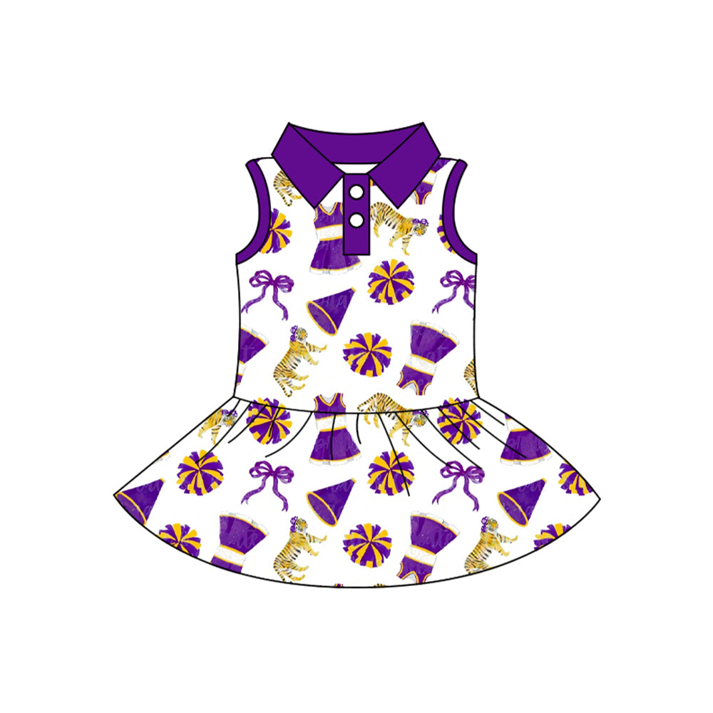Baby Girls Sleeveless Purple Bow Tigers Button Team Cheer Knee Length Dress Preorder