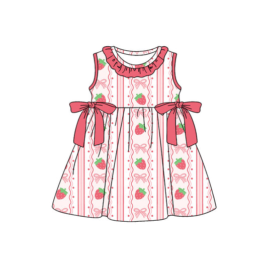 Baby Girls Sleeveless Strawberry Bows Stripe Collar Knee Length Dress Preorder