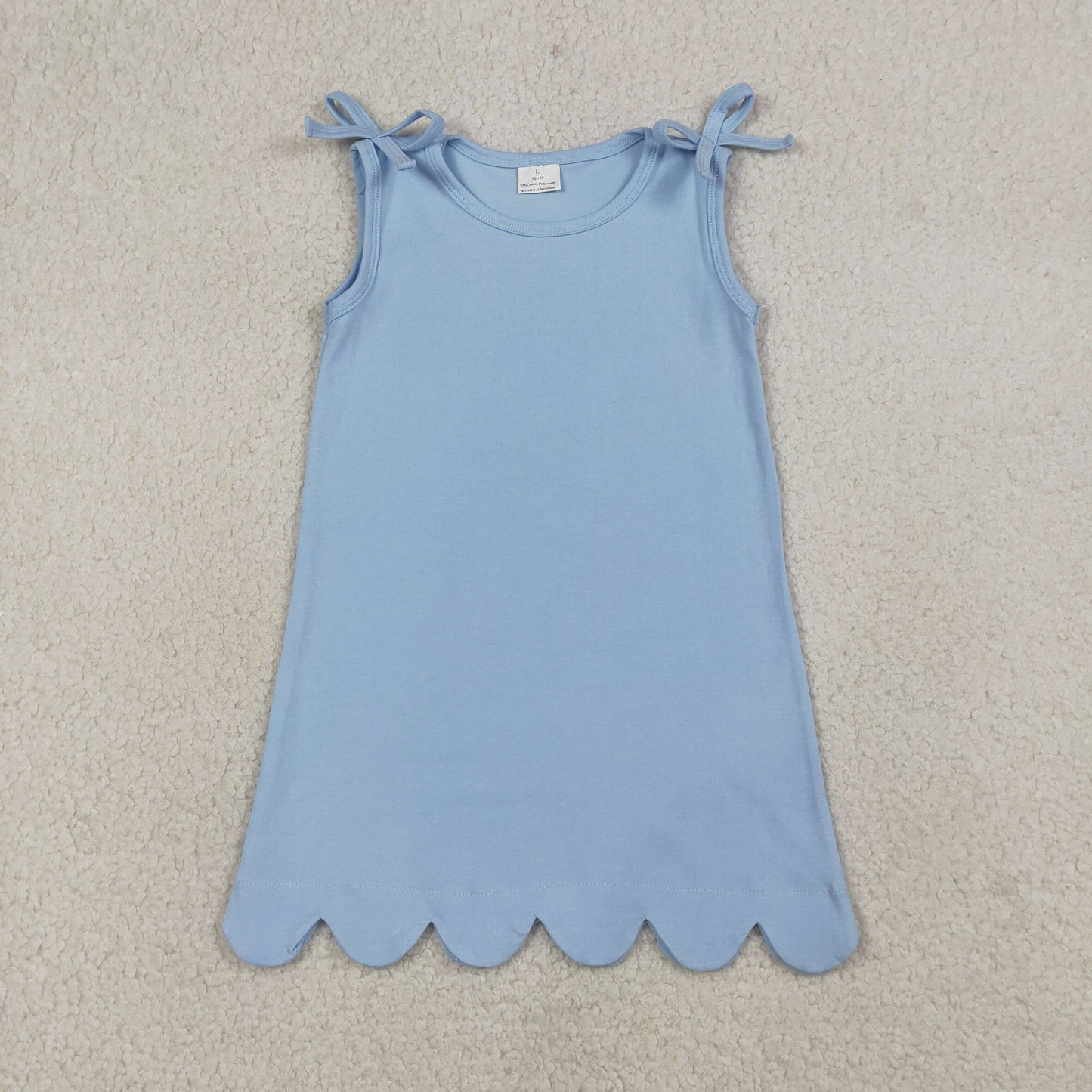 Baby Girls Bows Sleeveless Light Blue Cotton Scallop Knee Length Dresses