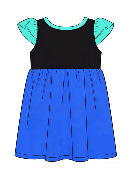Baby Girls Flutter Sleeve Black Blue Patchwork Knee Length Dresses Preorder
