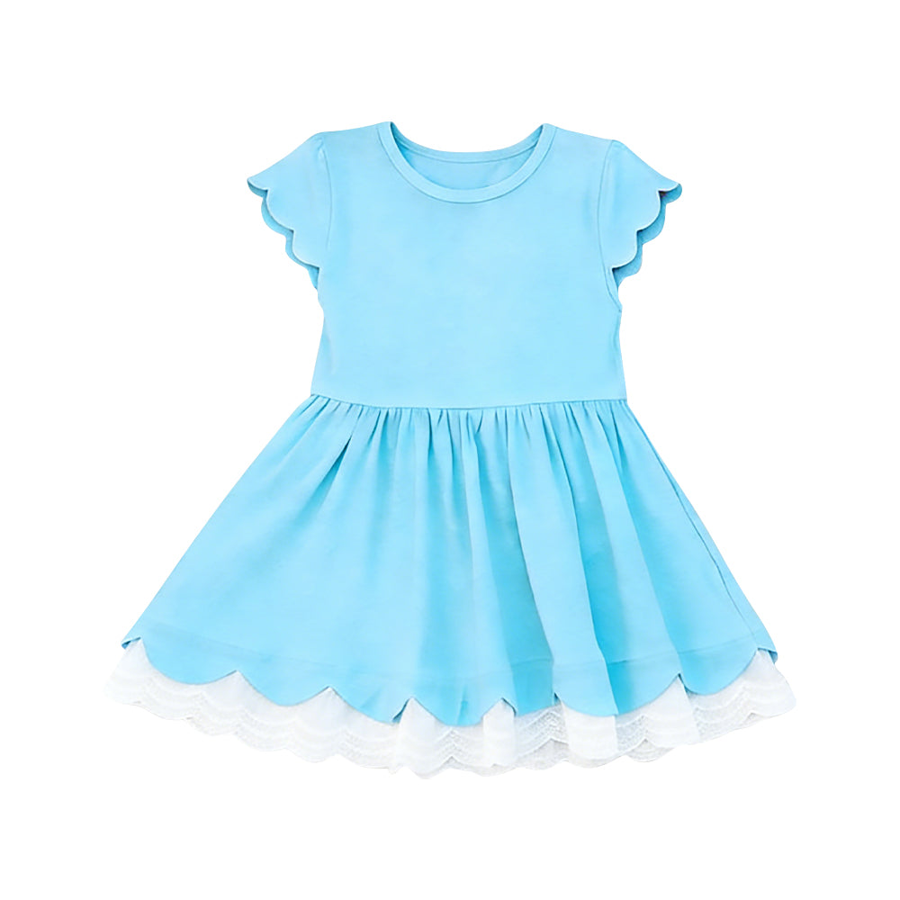 Baby Girls Flutter Sleeve Blue Scallop Ruffle Knee Length Dresses Preorder