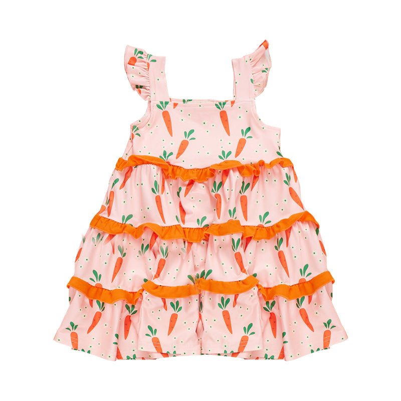 Baby Girls Flutter Sleeve Flower Carrots Easter Patchwork Knee Length Dresses Preorder