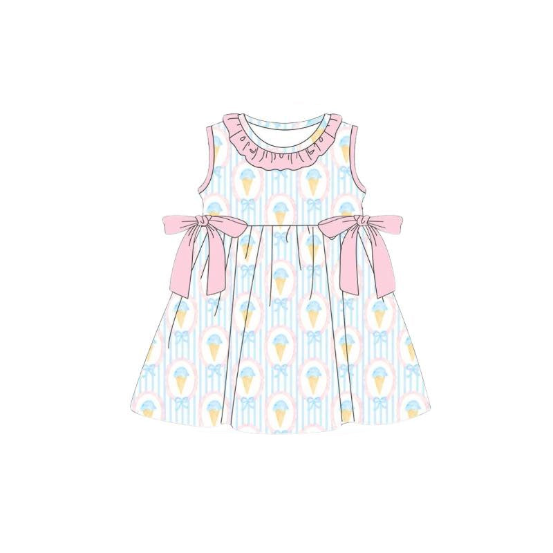 Baby Girls Sleeveless Blue Stripe Bows Ice Creams Collar Knee Length Dresses Preorder