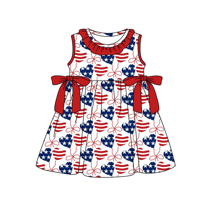 Baby Girls Red Blue Bows Flag Hearts 4th of July Collar Knee Length Dresses Preorder