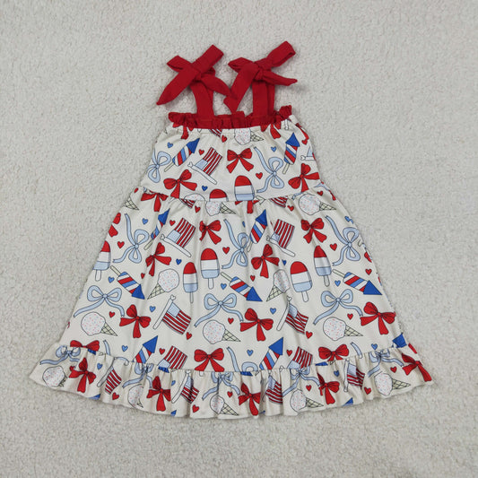 Baby Girls Strap Red Blue Bows Popsicle 4th of July Ruffle Knee Length Dresses