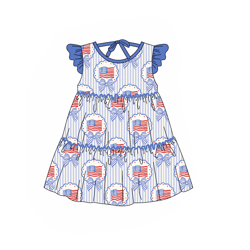 Baby Girls Blue Stripe Bows Flags 4th of July Patchwork Knee Length Dresses Preorder