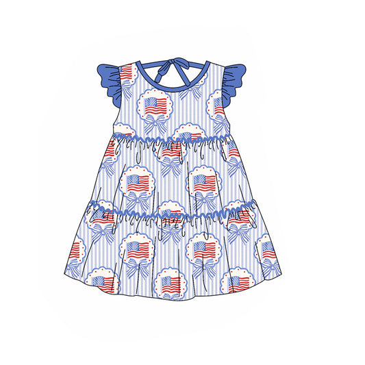 Baby Girls Blue Stripe Bows Flags 4th of July Patchwork Knee Length Dresses Preorder