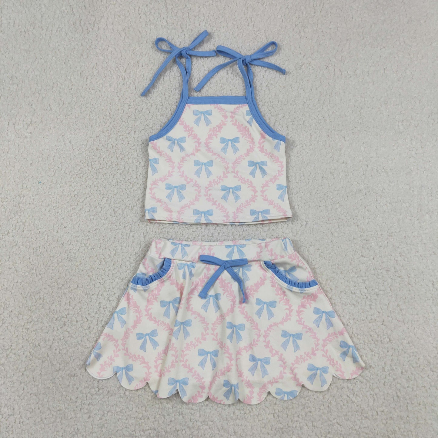 Baby Girls Strap Bow Flowers Top Scallop Pockets Skirt Short Yoga Active Clothes Set