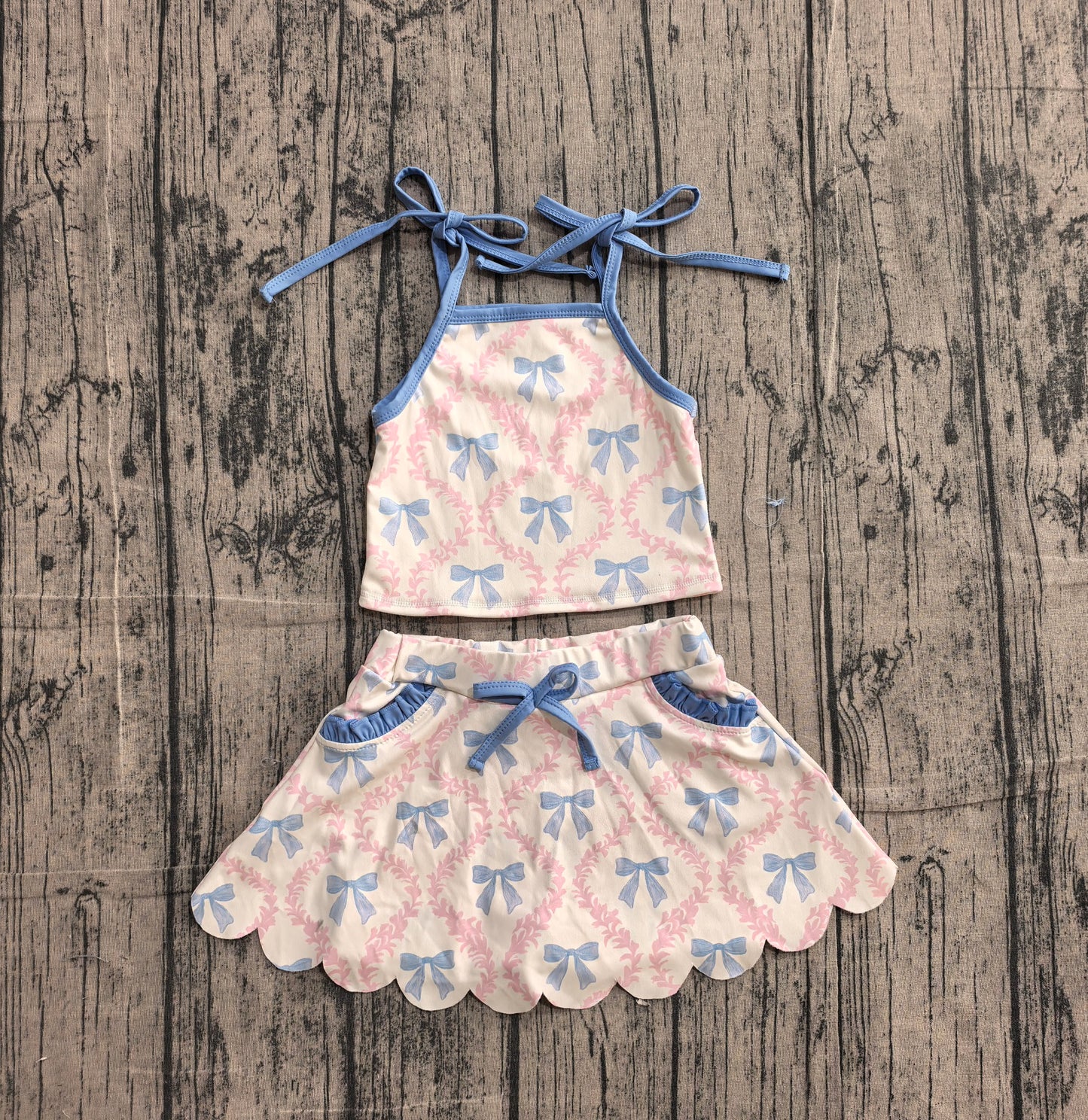 Baby Girls Strap Bow Flowers Top Scallop Pockets Skirt Short Yoga Active Clothes Set