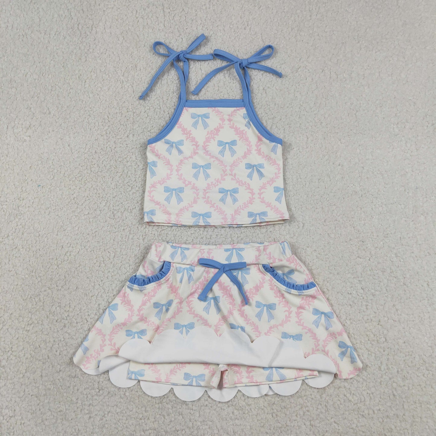 Sibling Baby Girls Strap Bows Checked Coffee Popsicle Top Pockets Skirt Shorts Clothes Sets