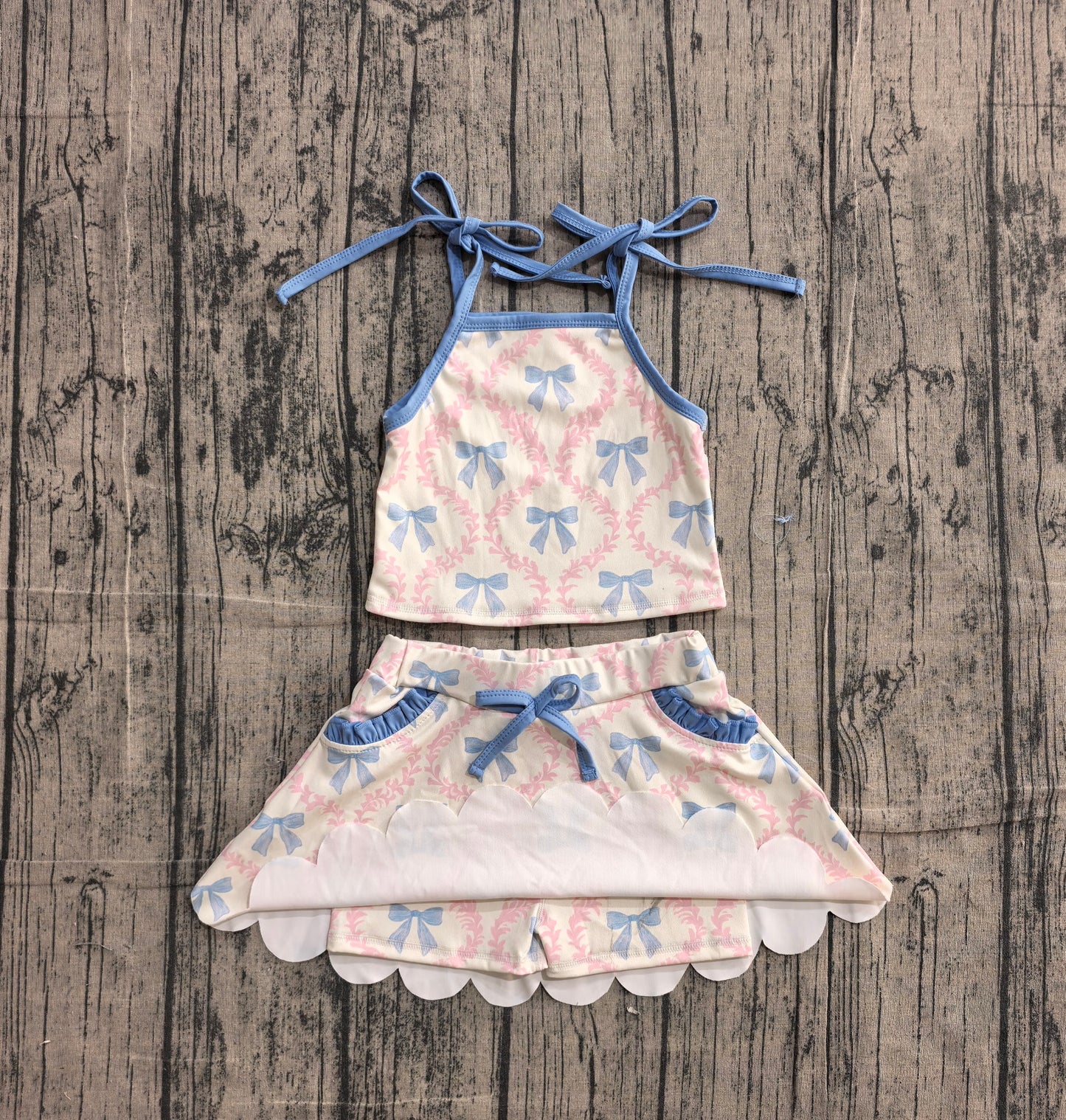 Baby Girls Strap Bow Flowers Top Scallop Pockets Skirt Short Yoga Active Clothes Set