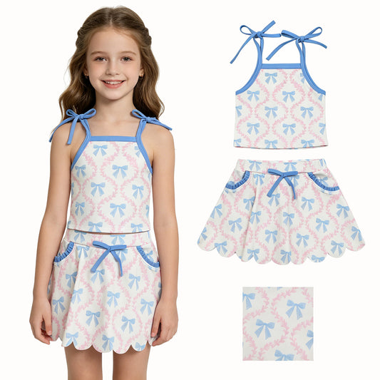 Baby Girls Strap Bow Flowers Top Scallop Pockets Skirt Short Yoga Active Clothes Set