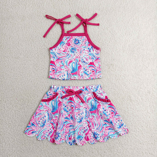 Baby Girls Strap Sea Plants Top Pockets Scallop Skirt Short Yoga Active Clothes Set