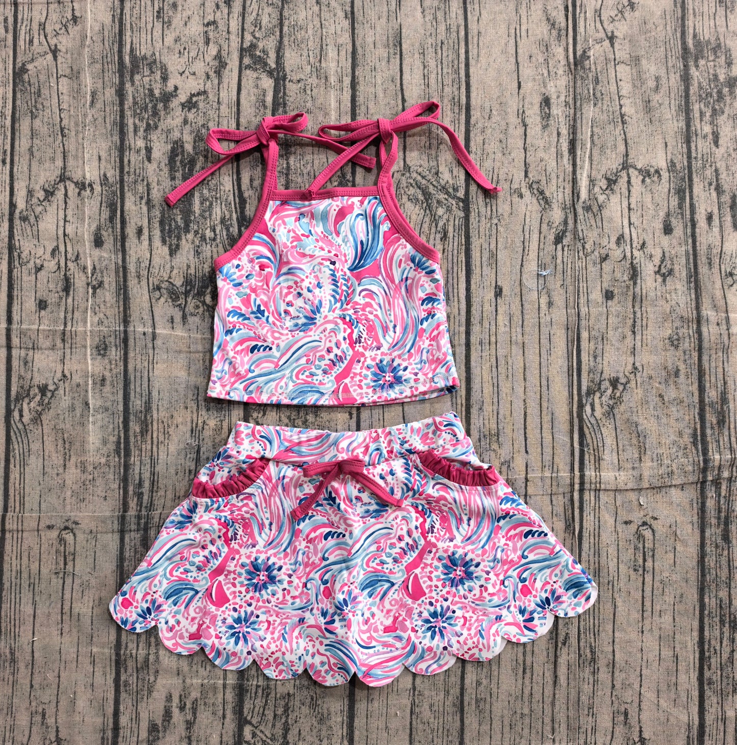 Baby Girls Strap Sea Plants Top Pockets Scallop Skirt Short Yoga Active Clothes Set Preorder
