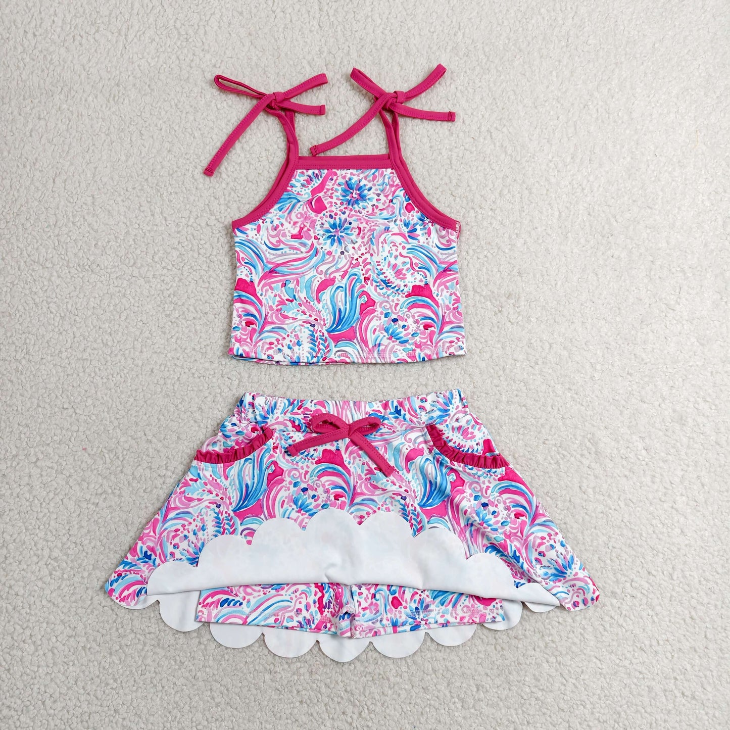 Sibling Baby Girls Strap Flowers Bows Top Pockets Skirt Short Yoga Active Clothes Sets