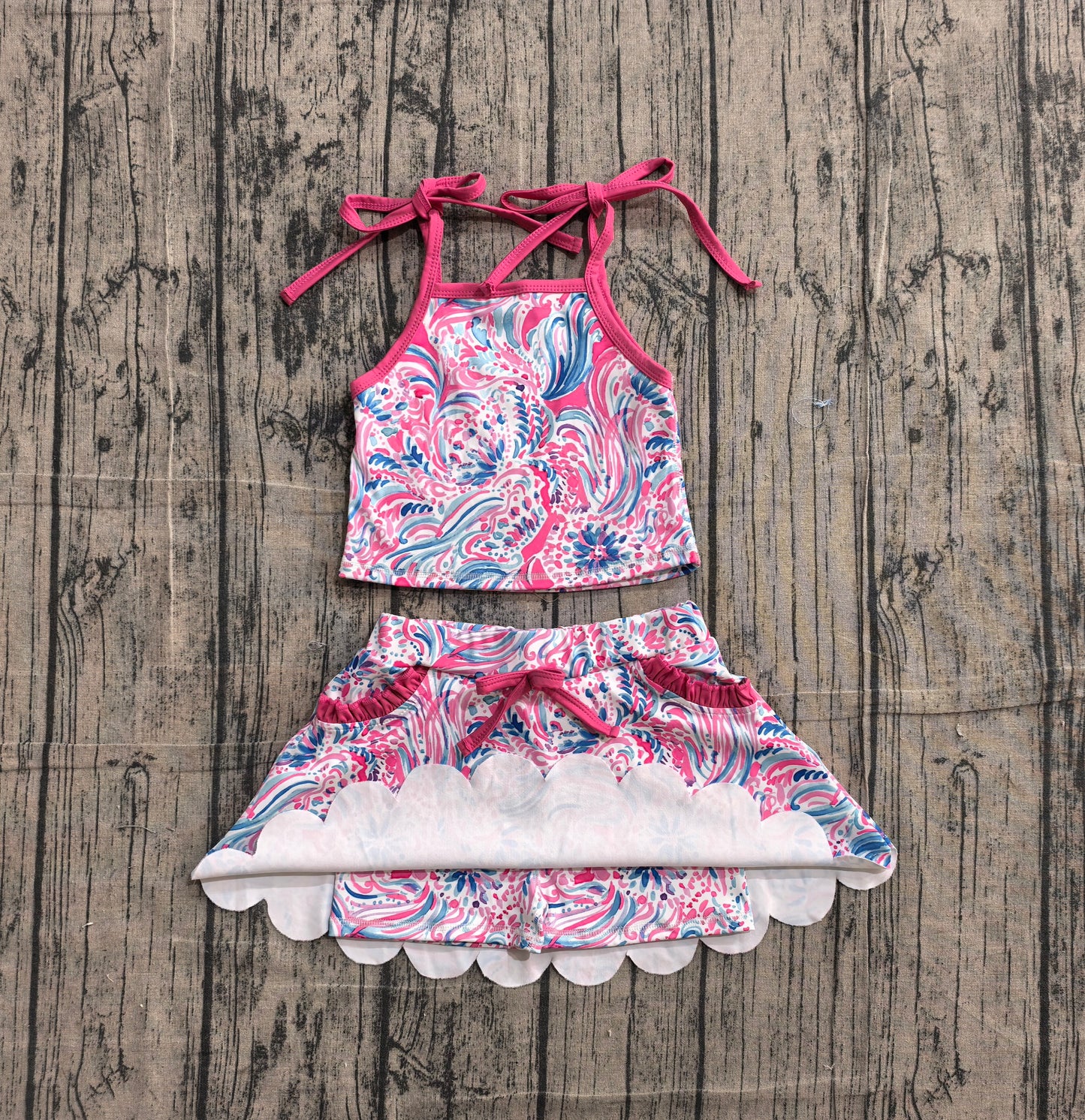 Baby Girls Strap Sea Plants Top Pockets Scallop Skirt Short Yoga Active Clothes Set Preorder