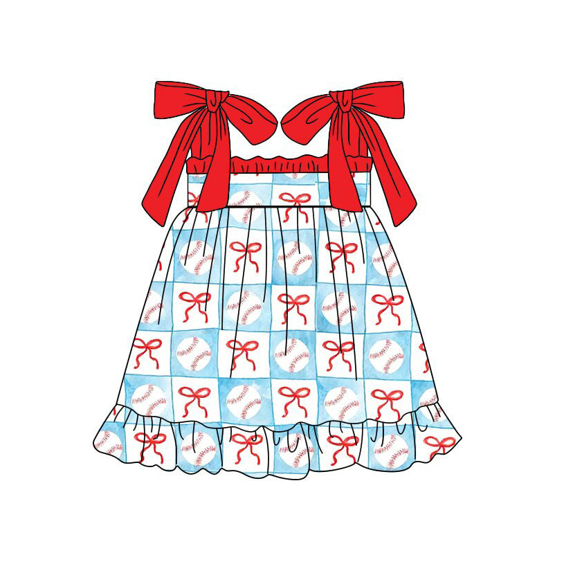 Baby Girls Strap Bows Baseballs Checked Team Ruffle Knee Length Dresses Preorder